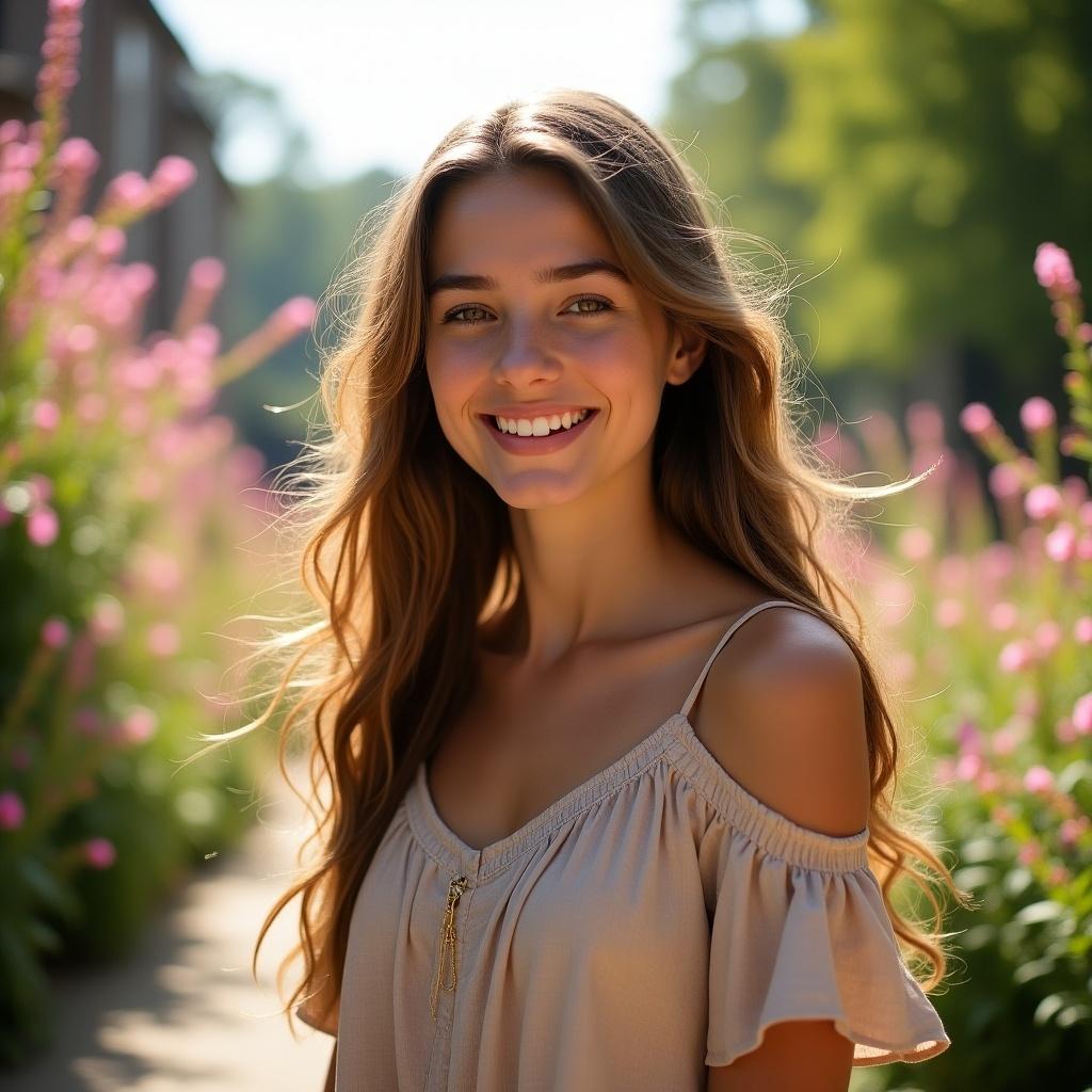 The image features a young woman with long hair, smiling gently at the camera. She is wearing a light, off-shoulder top that complements her natural beauty. Surrounding her are tall flowers in soft pink hues, creating a serene outdoor atmosphere. The soft daylight enhances her features, making the scene feel warm and inviting. This portrait captures a sense of joy and tranquility, perfect for lifestyle or fashion-themed content.