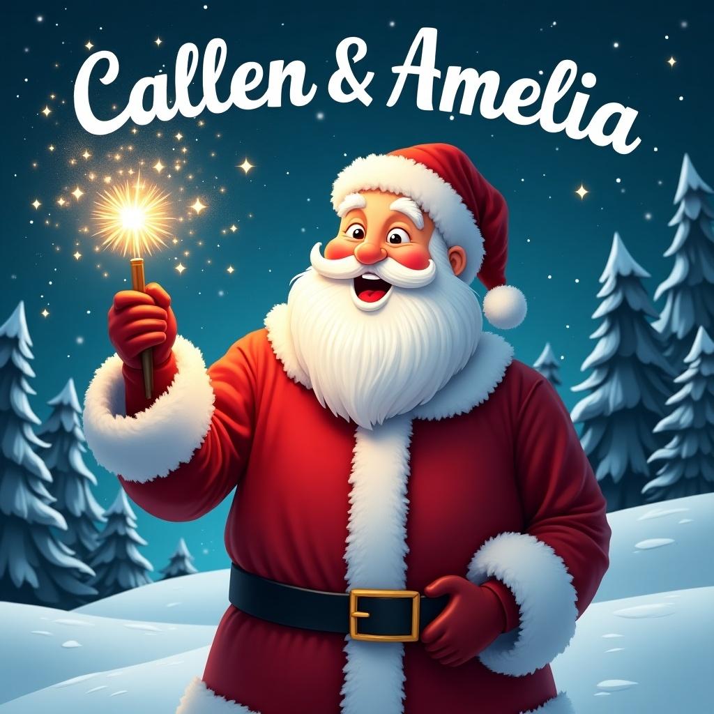 A jolly Santa Claus in a snowy landscape. He holds a magical wand that shines with sparkles. Wears a classic red suit with white fur trim. Santa's eyes twinkle with joy. Appears writing names in the sky. Behind him, snowy scene with evergreen trees and a starry night sky. Festive and magical atmosphere for the holiday season. Names Callen & Amelia written in the sky.