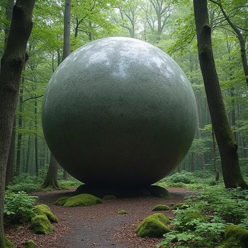 Granite sphere in a forest representing Plato's spherical humans. Green trees surround the stone. The scene has a serene and thoughtful atmosphere.