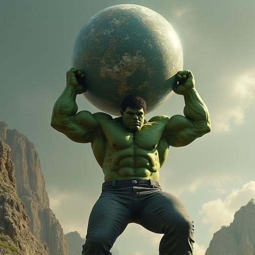 Hulk holding a large planet above head while on one knee with a heavy weight. The character displays immense strength and determination in a dramatic setting.