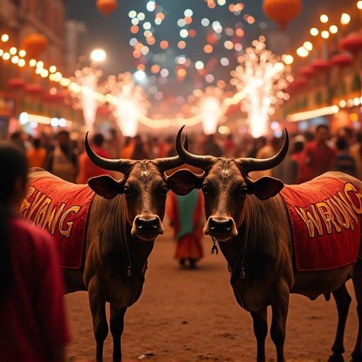 Vibrant Indian market scene bustling with people wearing traditional attire. Two decorative cows with 'WRONG' written on their sides. Background showcases beautiful fireworks and colorful decorations.