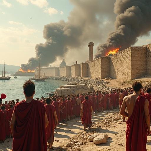Hyperrealistic photograph depicting fall of Athens to Spartan forces. Spartan admiral Lysander enters Piraeus harbor. Demolition of Long Walls. Athenian citizens mourn and remove voting equipment. Spartan hoplites in red cloaks occupy agora. Destroyed Athenian trireme fleet. Smoke rises from burning ships. Oligarchic Thirty Tyrants take power. Marble debris scattered on ground.