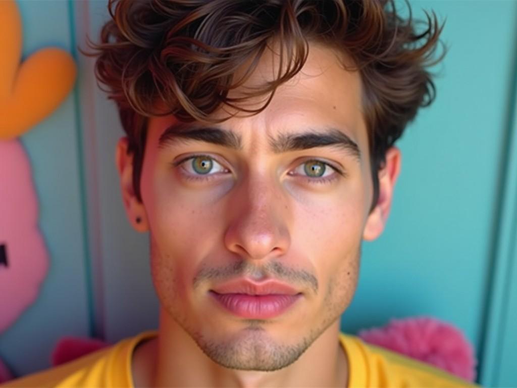 The image features a handsome man with very attractive facial features. His unique eyes are captivating and draw attention immediately. His lips are a soft pink, adding to his charm. He has a short, distinctive hairstyle that highlights his facial structure. The background is colorful, enhancing the vibrancy of the portrait.