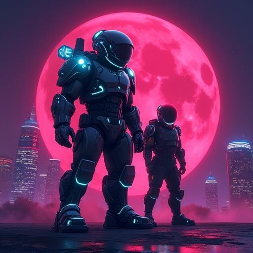 Retro neon style heroes created with a digital art approach. Features two armored figures with futuristic elements. Dull background omitted for focus. Colorful and vibrant design.