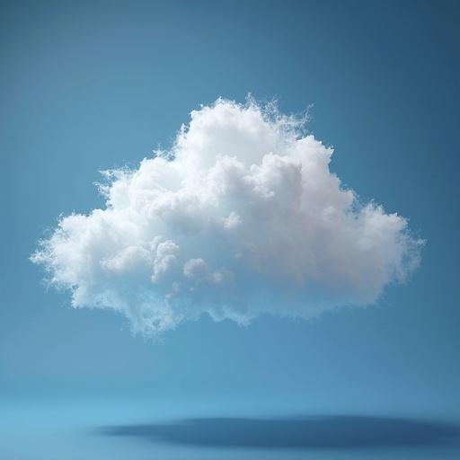 A 3D representation of a fluffy cloud. The cloud appears holographic. Background is a gradient of light blue. Soft shadows underneath suggest floating. Cloud has intricate details and a soft texture.