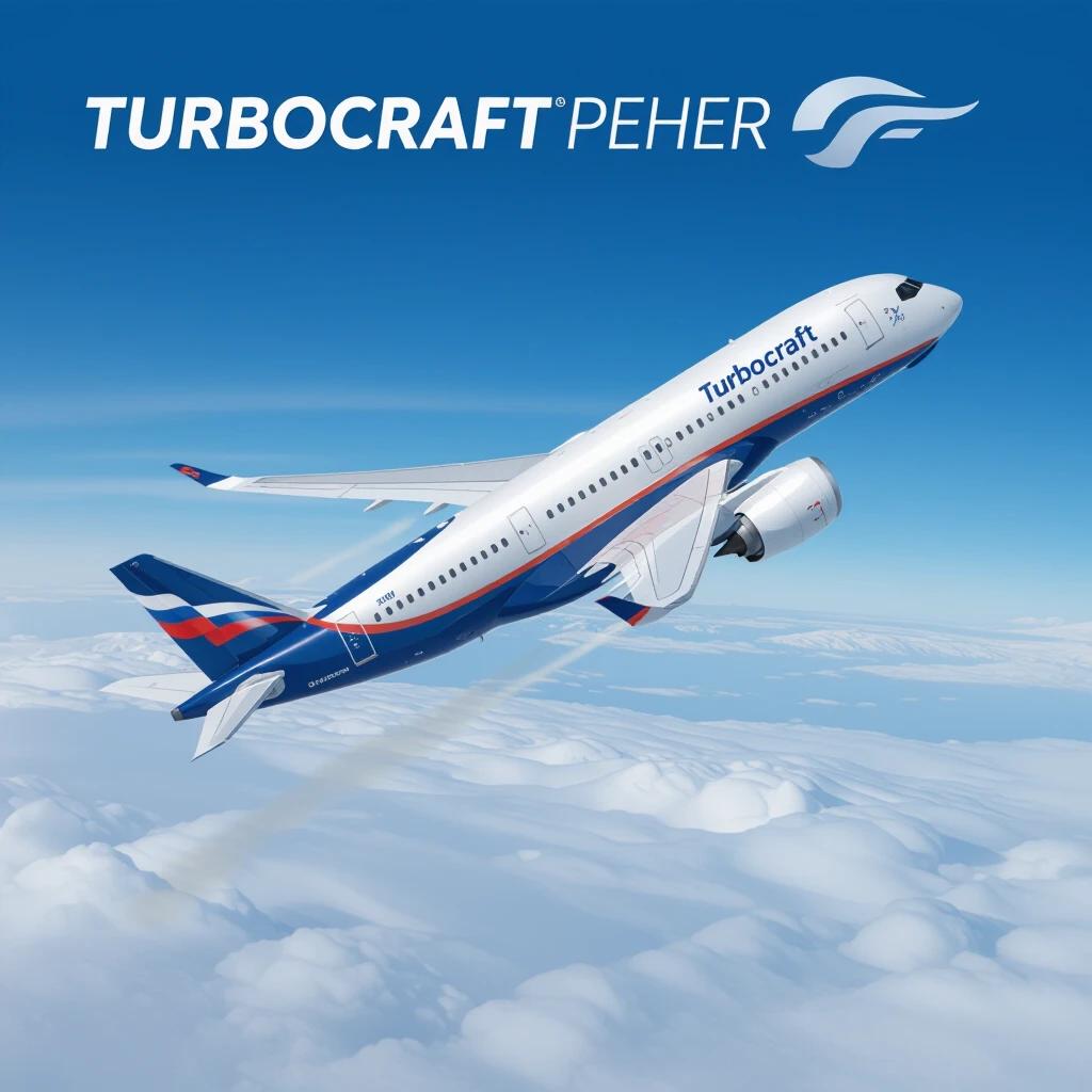 Logo design featuring the text Turbocraft with an airplane illustration in the sky.