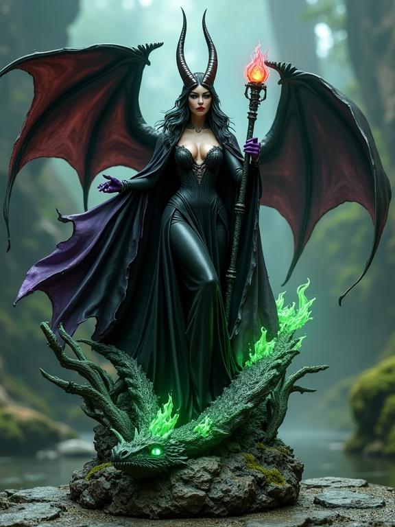 Dark sorceress with tall horns and flowing black and purple cape. She stands on a rocky base entwined with roots and green fire. Holding a long staff with a glowing sphere. Powerful seductive expression. Form-fitting dress with high neckline and detailed design. Behind her, a massive dragon with wings spread and glowing eyes. Background features mist and mystical lights. Realistic ultra-detailed sculpture with physical texture and dramatic lighting.