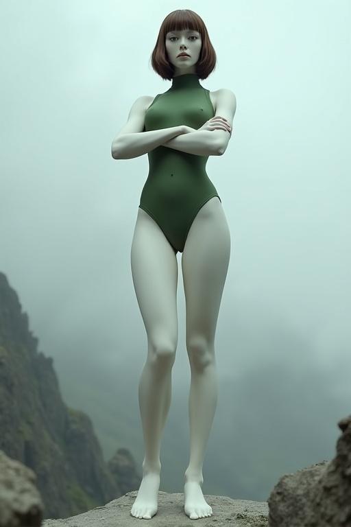 Full-body shot of a stylized woman made of white plastic with exaggerated proportions. Long legs and compact torso with a military green high-neck swimsuit. Surreal figure standing in an eerie, foggy mountain background.