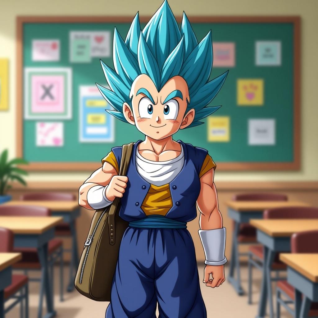 Image depicts Vegeta character wearing casual clothing and carrying a school bag. Background features a classroom with green chalkboard and desks.