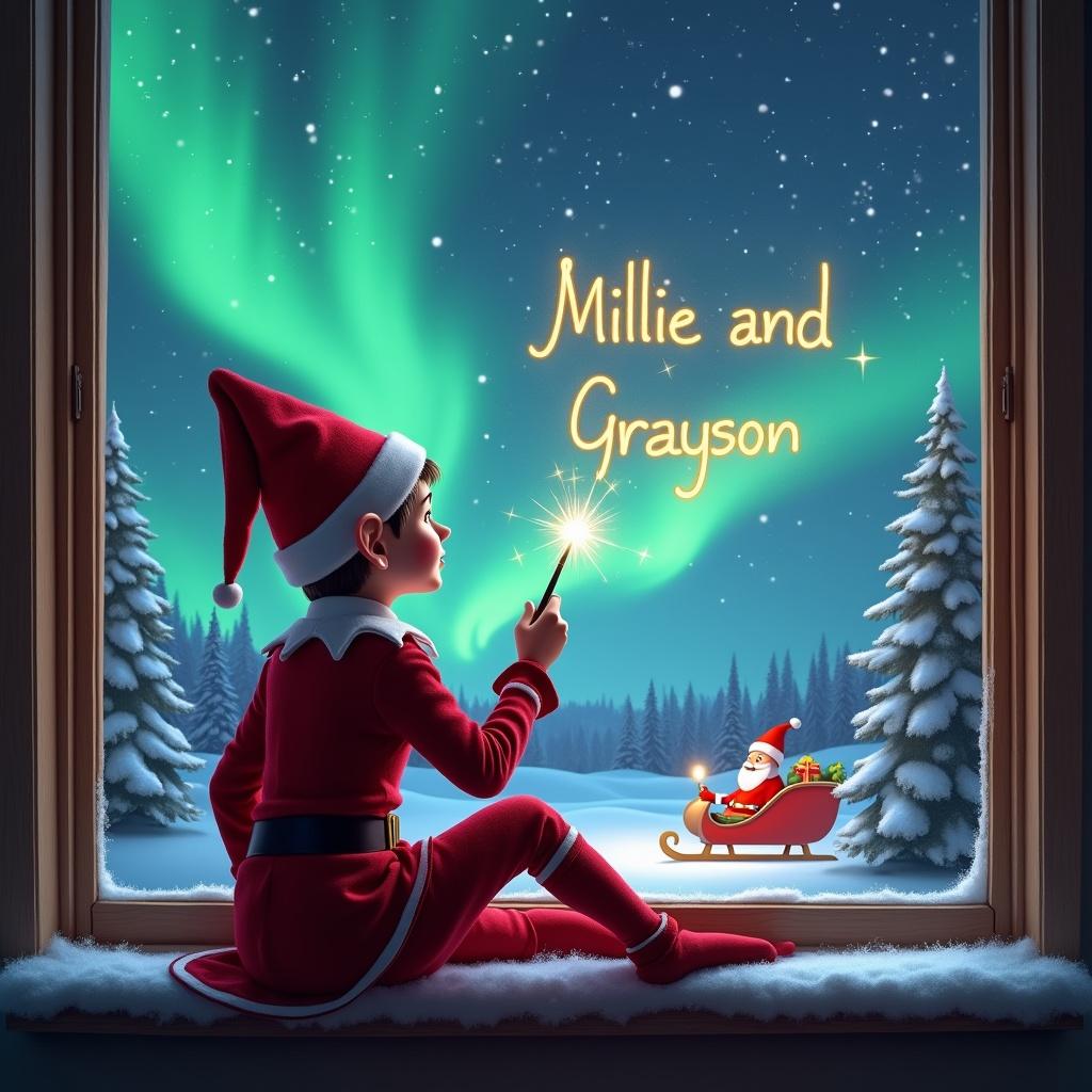 This enchanting image features an elf sitting on a window ledge, engrossed in the view of the vibrant northern lights dancing across the night sky. The elf, dressed in a classic red outfit with a whimsical pointed hat, holds a wand and writes the names 'Millie and Grayson' in shimmering letters that glow like stars. Below, a snow-covered landscape unfolds, complete with sparkling stars that add to the wonder of the scene. In the distance, Santa Claus can be seen in his sleigh, enhancing the festive spirit. This magical ambiance captures the essence of holiday joy and imagination.