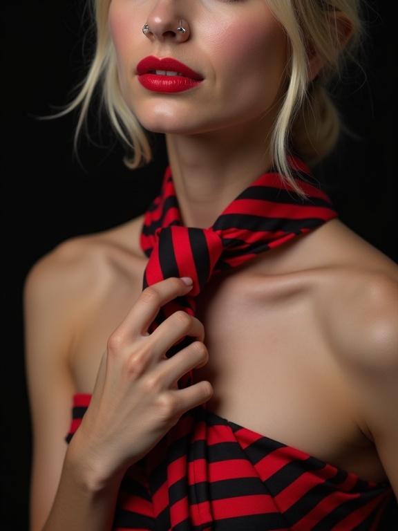 Photograph of a woman's upper body against a black background. Woman holds a red and black striped tie with her right hand. Bright red lips and a small silver piercing on upper lip. Fair skin and visible shoulder. Tie has diagonal stripes. Natural nails. Strong contrast between tie and skin. Soft lighting highlights textures.