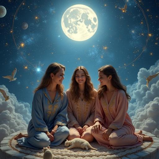 Three goddesses gather in celestial setting at night sharing joyful moments. Athena in silvery silk pajamas with owl embroidery. Isis in indigo linen pajamas surrounded by hieroglyphs. Freyja in rose-gold satin pajamas with shining necklace. Dreamlike atmosphere with magical circle and floating constellations. Serene expression of celebration