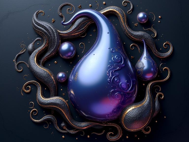 Highly detailed abstract digital artwork with ornate lines and embellishments. Central focus is a swirling composition of rich jewel tones in deep blues and purples with metallic gold accents. Features a central elongated teardrop form and smaller bulbous shapes, connected by dark textured tendrils against a deep black background. Soft lighting enhances detail and luminosity.