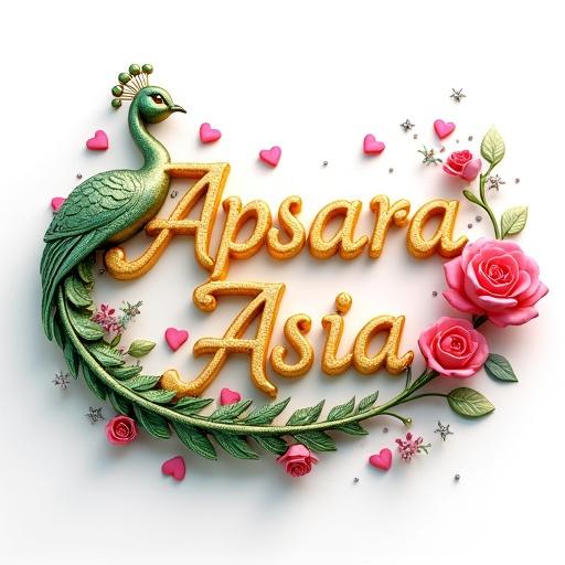 3D render of the name Apsara Asia in flowing calligraphic style. Shimmering gradient colors include vibrant yellow lush green playful pink silver glitter. Floral patterns with heart motifs embedded in design. Peacock's wings and tail swirl around the name. Miniature red roses scattered. Radiant pink silver stars surrounding. Whimsical arrangement on a clean white background. Soft diffused studio lighting enhances details.