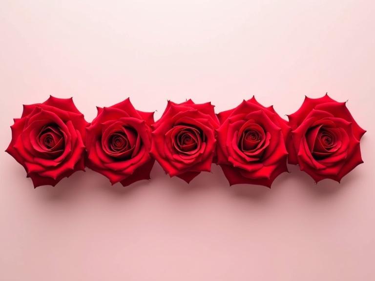 Five vibrant red roses arranged side by side in a neat horizontal row on a pink background. No green leaves present. The roses are fully bloomed, showcasing detailed petal textures from a top-down perspective. Background is soft and minimal, leaving space for karaoke text. Elegant and romantic presentation ideal for a baby song karaoke video.