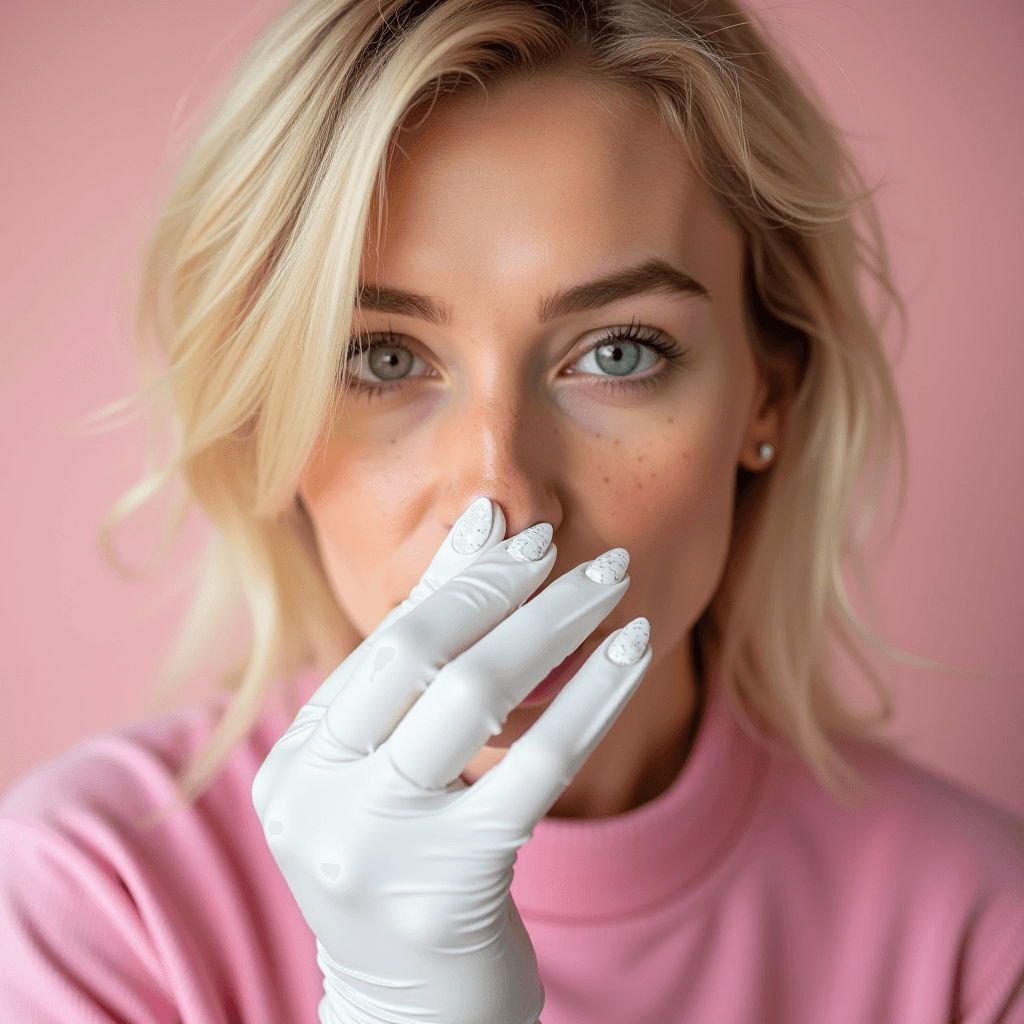 A person with blonde hair covers their nose with a gloved hand adorned with speckled white nail polish against a pink background.