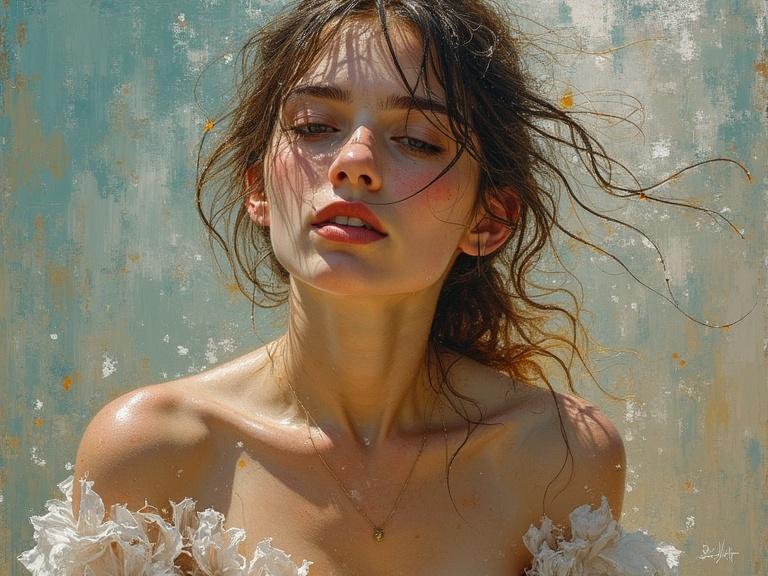 Impressionist style painting of a woman with a textured background. Use multiple layers and brushstrokes for depth. Capture an optical illusion effect with the woman's hair and expression.