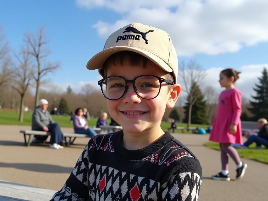 A child wearing glasses and a cap smiling at the camera in a park setting, with a clear blue sky and blurred people in the background.