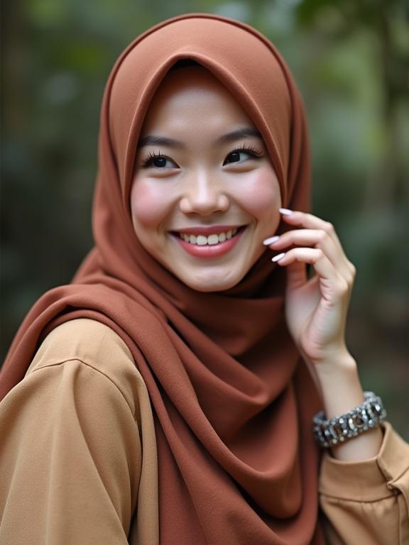 Beautiful woman in a hijab dressed in earthy tones poses in nature. She holds a block in front of her face, allowing the focus to remain on her clothing and surroundings.