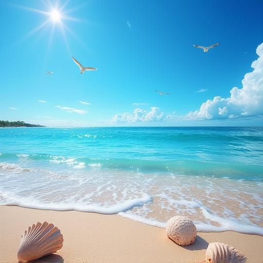 Bright beach scene with clear blue sky and ocean. Seashells scattered on the shore. Seagulls flying above the water. Calm waves gently reaching the sand. Perfect sunny day atmosphere.