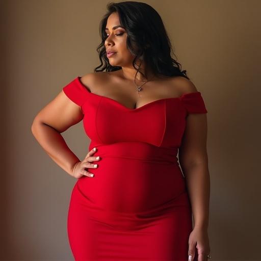 Woman with big hips in a red fitted dress posing confidently