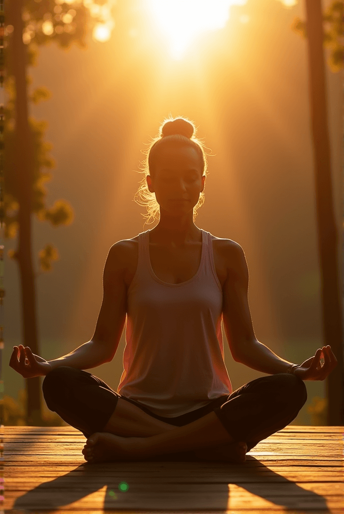 A person sits in a meditative pose on a wooden deck, silhouetted by the setting sun in a peaceful natural setting.