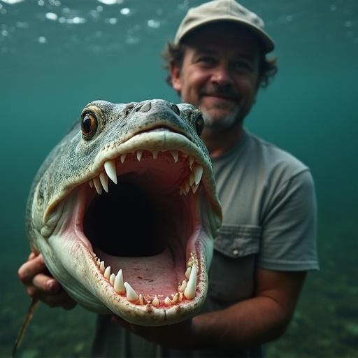 A man is holding a piranha with its mouth wide open underwater. The scene captures the wild essence of marine life.