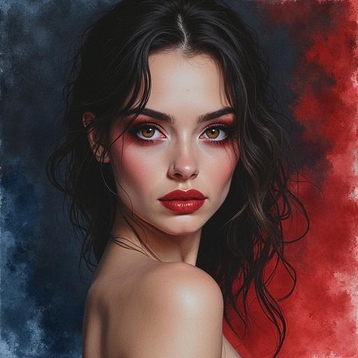 A portrait of a model representing half angel and half demon. Dark background enhances the features. Aquarell painting style. Model poses dramatically with an arrogant flair. Makeup is expressive and the eyes are captivating. A masterpiece in high quality.