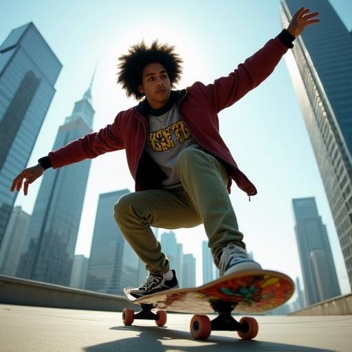 Skateboarder in street style outfit. Urban environment with tall buildings. Dynamic action on skateboard. Colorful graffiti skateboard. Distinctive Afro hairstyle and stylish clothing. Captured from a low angle showcasing the city skyline.