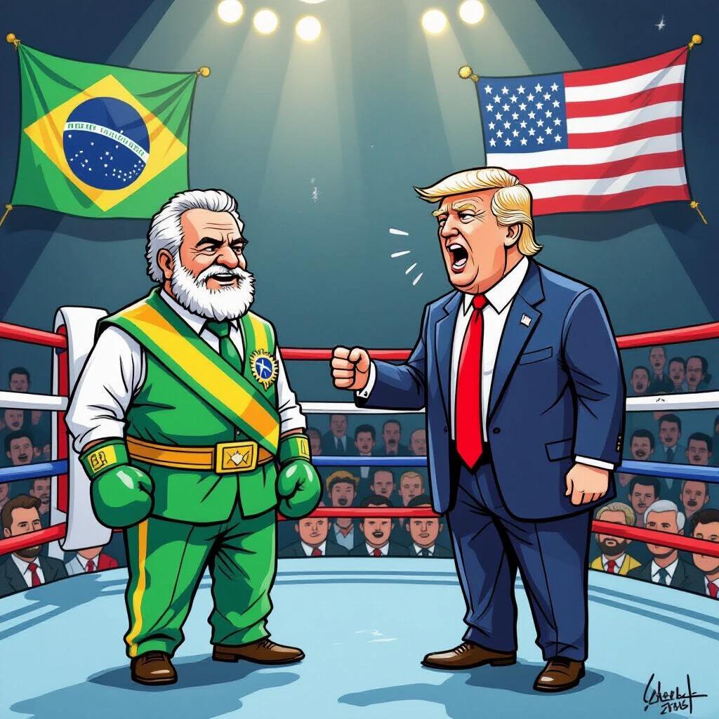 A political cartoon shows President Lula of Brazil and former U.S. President Donald Trump inside a boxing ring. Lula wears green and yellow with a sash while Trump is in a blue suit and red tie. Flags of Brazil and the U.S. are in the background. The style is cartoonish with no text.