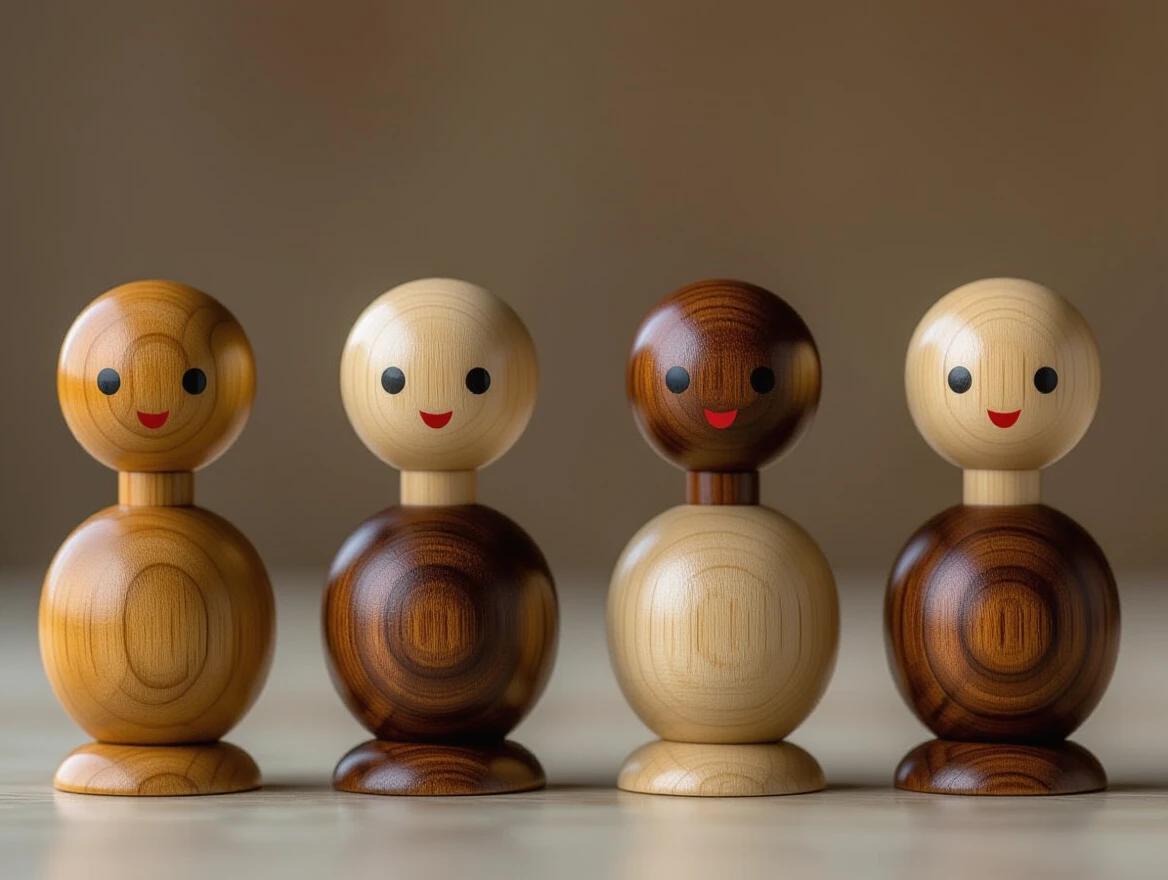 Four smiling wooden dolls displayed in a row. Made from different types of wood. Each doll features a round head and a distinct wooden body. Premium quality design with a flawless finish. Captivating craftsmanship highlighted in a warm background.