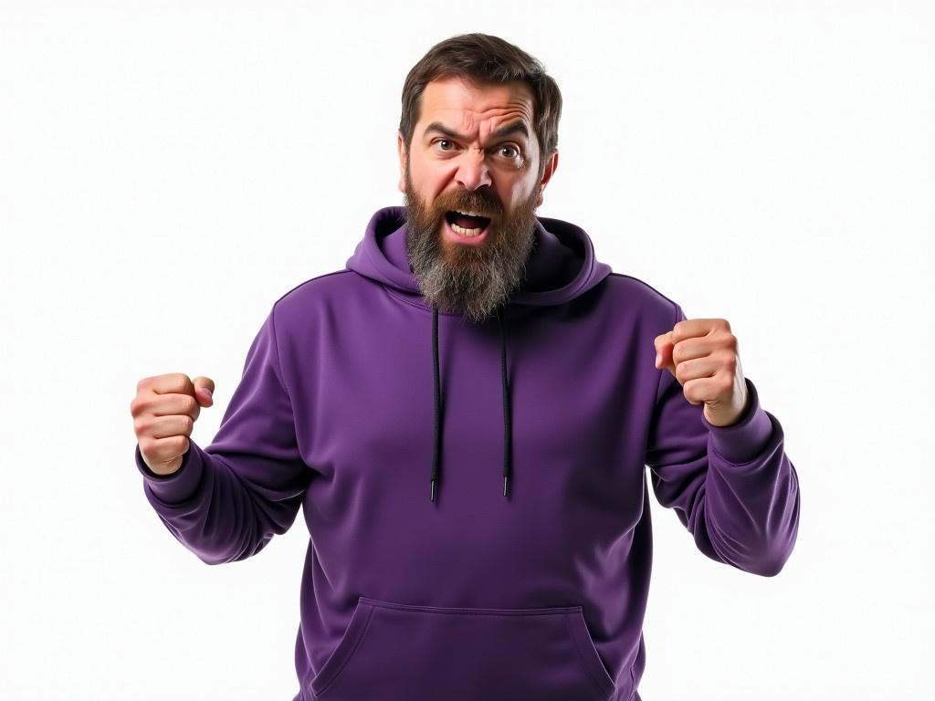 The image features a man with a beard and mustache. He is wearing a purple hoodie, standing against a plain white background. The man is flexing his fist in a fist pump, with his right hand resting on his hip. His expression is serious, with narrowed eyes conveying anger. His eyebrows are furrowed deeply, and his mouth is open, as if he is shouting.