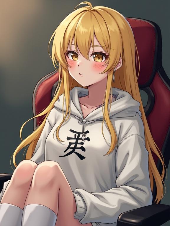 Anime character with porcelain-pale face and rosy cheeks. Small nose and pouty lips with light freckles. Petite body with small breasts. Long, messy golden blonde hair. Wearing an oversized white hoodie with kanji. Knee-high socks and a silver cross necklace. Leaning back in a gamer chair, looking at the viewer.