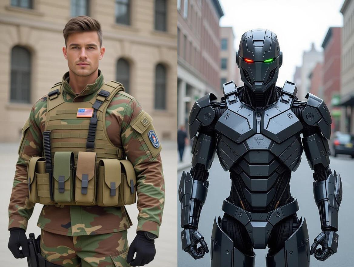 Before and after transformation of a soldier. Image shows a soldier in a camouflage uniform. Next to him stands an armored cyborg with advanced robotic features. The soldier represents the human side while the cyborg symbolizes future technology. Live action photograph showcasing the contrast.