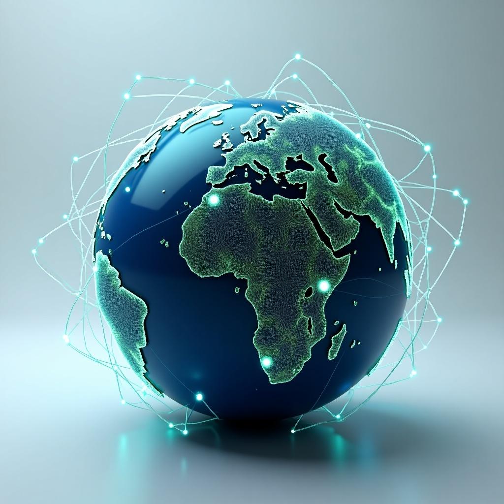 The image features a 3D representation of the Earth with intricate digital connection lines linking various continents. It highlights the continents of Africa, Asia, Europe, and others with pulsing gradient colors in blue and green. The globe itself appears futuristic, embodying technology and global connectivity. The connection lines stretch outwards, signifying data flows and interactions between different parts of the world. The background is kept minimalistic to emphasize the central globe and its connections.