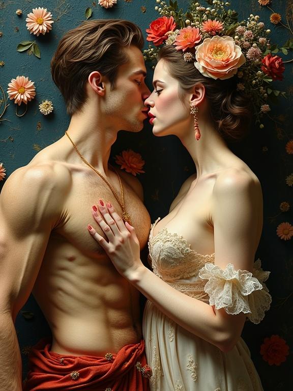 Intricate artwork features a muscular man kissing a woman with floral accents. Focus on romance and detail. Inspired by classic and modern styles.