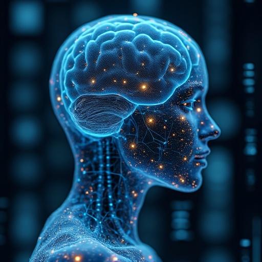 Futuristic representation of artificial intelligence with human silhouette and glowing brain. Highlights generative AI concept. Digital artwork with neural connections and cosmic patterns.