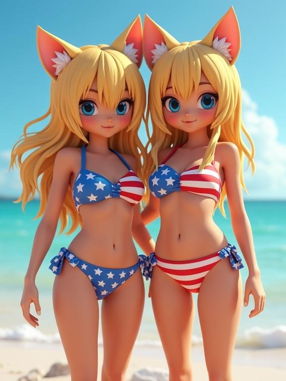 Two anthropomorphic girls pose together at the beach. They wear tiny bathing suits with the USA flag design. Their hair is long and blonde. Background features a sunny ocean scene. Digital art with high-quality ray tracing effects.