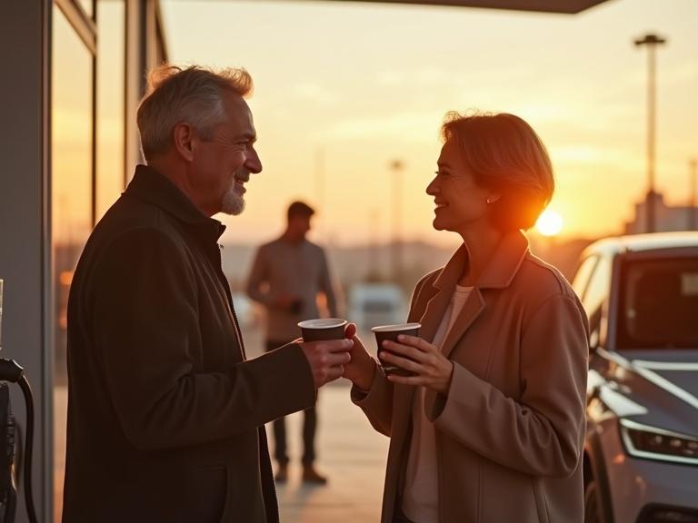 Cinematic photo taken at an electric vehicle charging station branded EnBW HyperNetz. Two people in their late 40s are talking with coffee cups. Warm light softly illuminates their faces. A modern electric car charges nearby. Scene has a real, candid feel with clean architecture and sunset light.