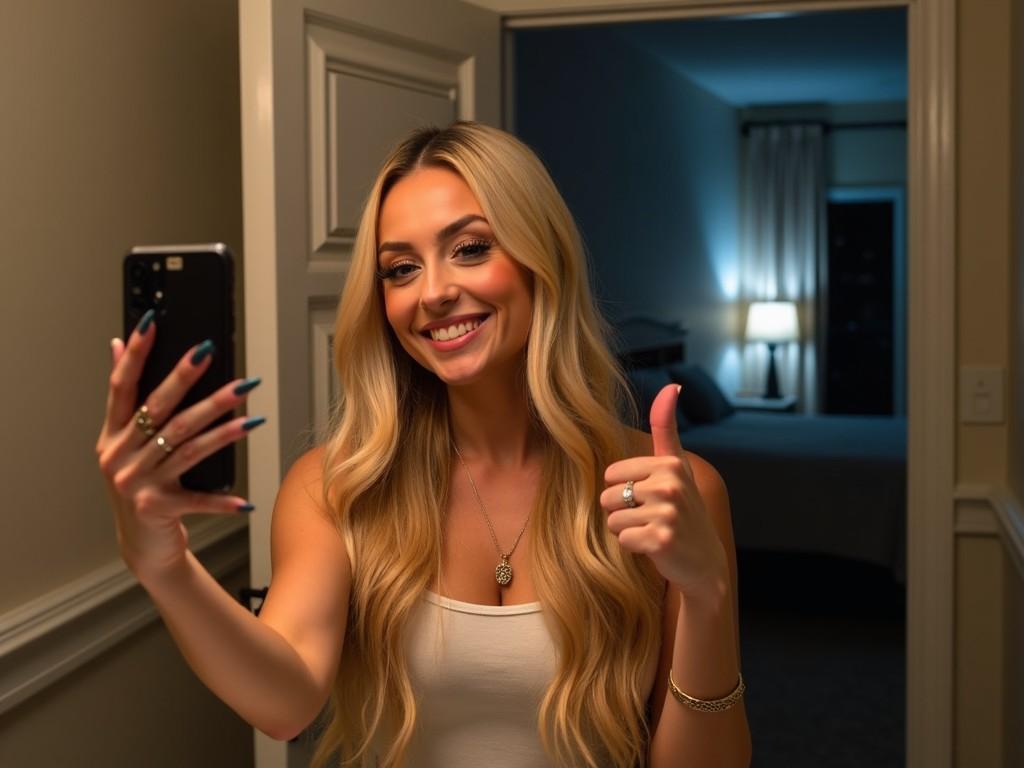 A person is making a thumbs up hand sign with one hand, taking a selfie with their front-facing camera. They have the same face and makeup as in the original picture, looking happy and confident. The setting is night time in a bathroom, with the phone raised towards a light source above. The background shows a dark bedroom visible from an open bathroom door, creating a cozy atmosphere. The person appears relaxed, showcasing their long blonde hair and stylish outfit.