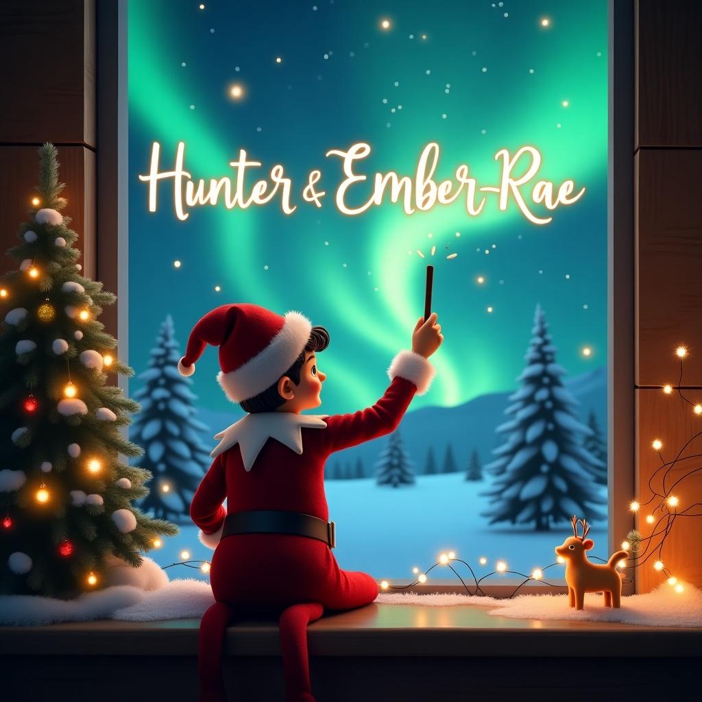 An enchanting Christmas scene features an elf on the shelf, seated with his back to the viewer. He is dressed in traditional red and white attire, wielding a magic wand to write 'Hunter & Ember-Rae' in glowing letters above him. The backdrop is filled with vibrant northern lights, casting a magical ambiance across the snowy landscape. A decorated Christmas tree and a reindeer add to the festive atmosphere. The overall scene is filled with whimsy and captures the true spirit of Christmas.