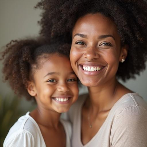 Mother and daughter are smiling together in a joyful moment. They appear happy and connected. Soft natural lighting enhances the mood. The background has greenery for a warm family setting.