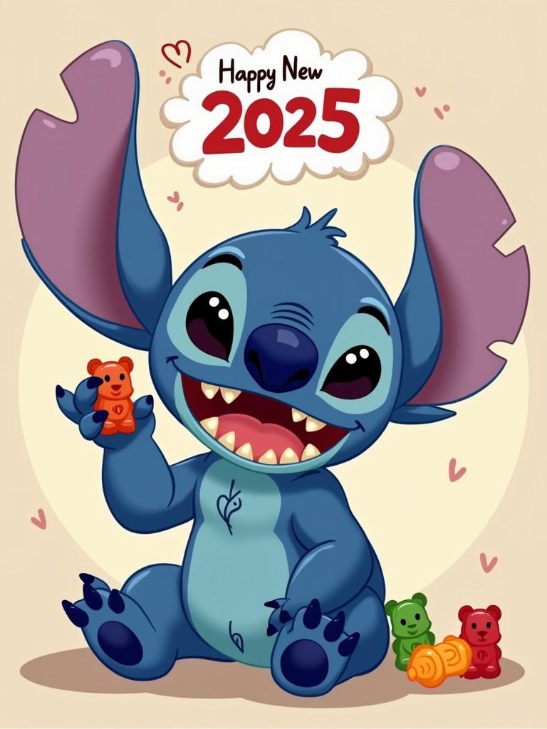 Cute alien character named Stitch with big ears and joyful smile. Stitch sitting down showing teeth. Throwing gummy bears and holding Happy New Year 2025 above.