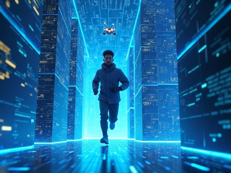 Omar runs in a digital maze with data walls and code blocks. He decodes symbols as doors open and close. A glowing data trail appears under his feet, with a flying robot above. Scene in futuristic Pixar style, high energy.