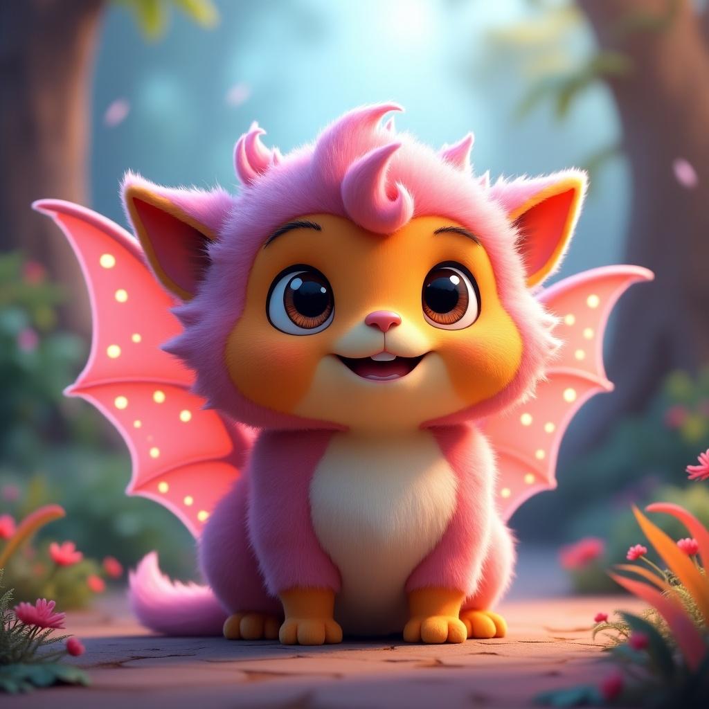 A magical creature character designed for children's films featuring whimsical design and vibrant colors. It has a furry pink body with large white paws, delicate wings, and a soft expression. The creature embodies a sense of wonder and adventure within a vibrant animated world.