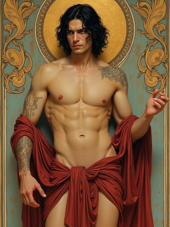 An Art Nouveau oil painting depicting Asmodeus. The figure has a muscular physique, dark shoulder-length hair, and a strong jawline. He has prominent tattoos. He embodies power and indulgence with a warm gaze. Include symbols like a flame and a flowing sash. The composition shows desire and dignity. Use flowing lines and ornate elements. The background has motifs hinting at intimacy with a calm strength.