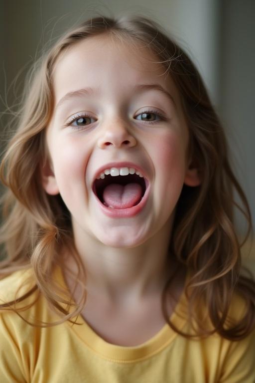 Little girl with tongue out wearing yellow shirt. Soft focus image showcasing candid expression. Natural light setting highlights playful nature.