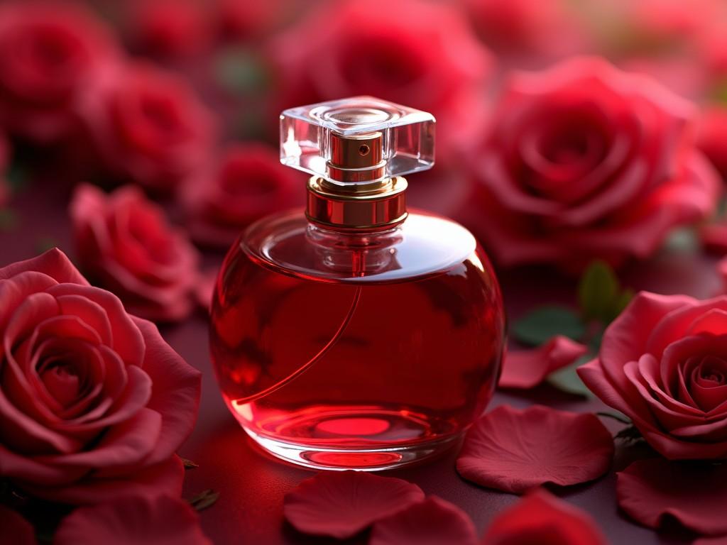 A luxurious image captures a glass bottle of red perfume elegantly surrounded by vibrant red roses. The arrangement conveys a sense of romance and sophistication, highlighting the rich hue of the perfume that matches the surrounding petals. Soft lighting enhances the glossy texture of the bottle, creating a dreamy atmosphere.