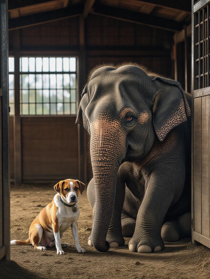 Elephant beside dog inside stable. Deep emotional expression in eyes. Soft shadows. Melancholic atmosphere. Photorealistic.