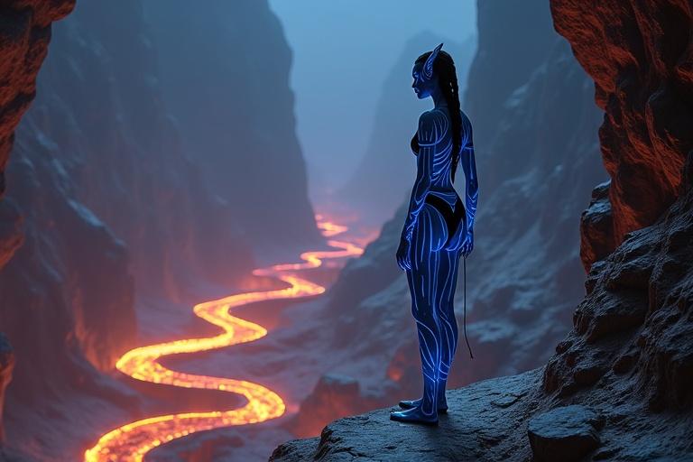 Kaari stands at the cliff’s edge. She gazes down into glowing lava rivers below. The soft glow casts reflections in molten pools. She has glowing blue skin and bioluminescent stripes. Her athletic figure is relaxed but powerful. Long braids sway gently in the heat. The valley is filled with whispers of warriors in the background. Legendary rider of myths.